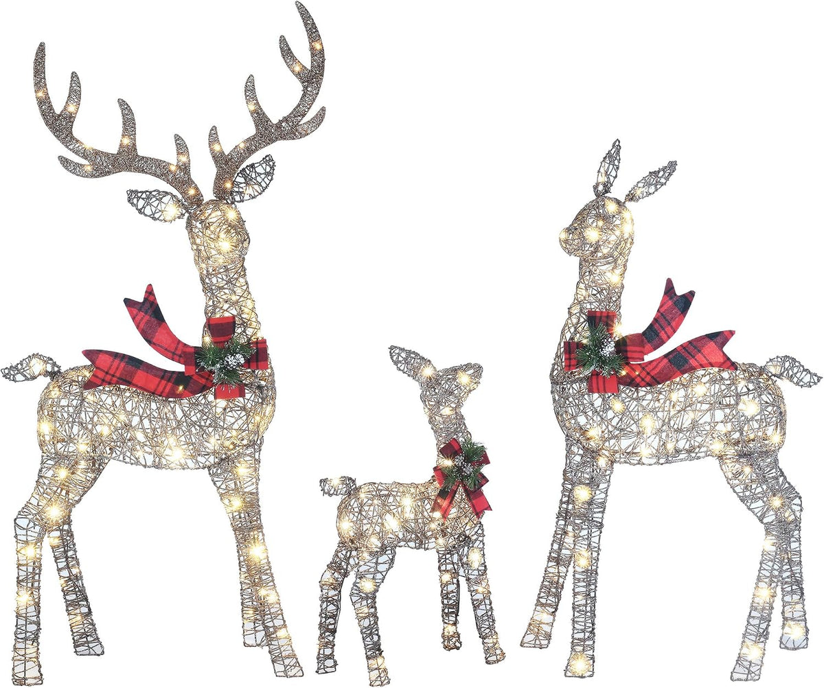 58 Inch 3D Woven Large Lighted Christmas Deer Decorations 3-Piece Outdoor Holiday Decorations Reindeer Set with 210 Warm White LEDs, Large Yard Display for Garden, Storefront
