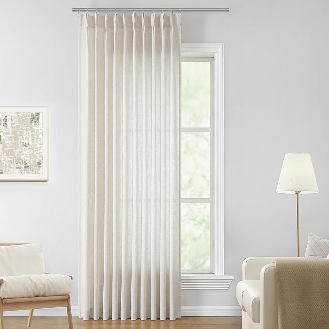 Vision Home Natural Pinch Pleated Semi Sheer Curtains Textured Linen Blended Light Filtering Window Curtains 120 inch for Living Room Bedroom Patio Pinch Pleat Drapes with Hooks 1 Panel 60" Wx120 L