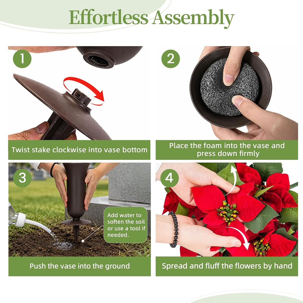 Christmas Cemetery Flowers for Grave: Poinsettia, 2 Pcs with Vase