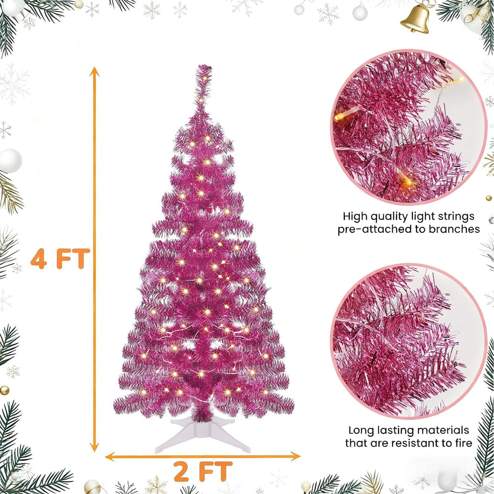 Juegoal Pink Artificial Tree, 4 FT Pre-lit Christmas Tree, Lighted Tinsel Pen...