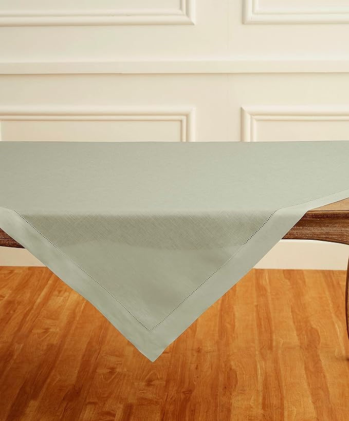 Solino Home Sage Green Linen Tablecloth 52 x 52 Inch - 100% Pure Linen Square Table Throw - Classic Hemstitch, Machine Washable Table Cloth for Fall, Autumn, Thanksgiving, Christmas