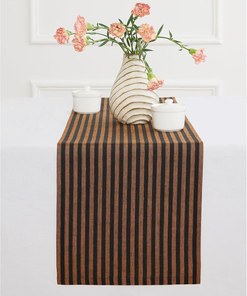 Solino Home 100% Linen Table Runner, 14 x 72 in, Pumpkin and Black Striped