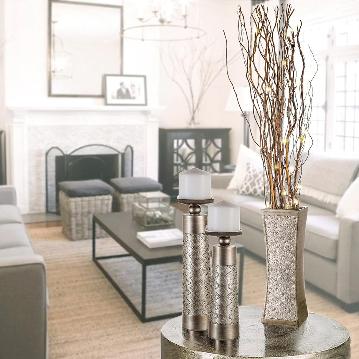Creative Scents Dublin Silver Decorative Candle Holder Set of 2 - Home Decor Pillar Candle Stand, Coffee Table Mantle Decor centerpieces for Fireplace, Living or Dining Room Table, Gift Boxed