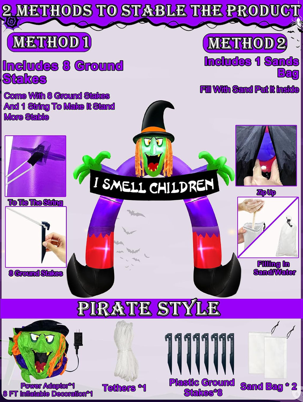 8ft halloween inflatables outdoor decorations witch holds banner, side view