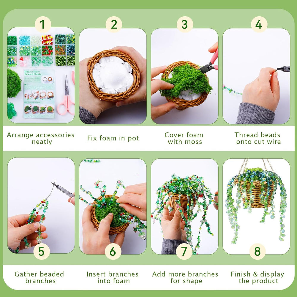 Wurosi 4074 Pcs Green Glass Beaded Plant Kit with Rattan Basket & Chains