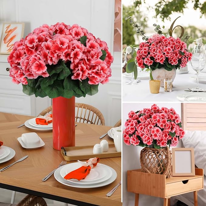 Hananona Artificial Geranium Flowers for Outdoors Geranium Silk Flowers Outdoor UV Resistant Garden Plants Faux Flowers for Home Kitchen Table Centerpieces Decor (12, Peach) (12 Pcs)