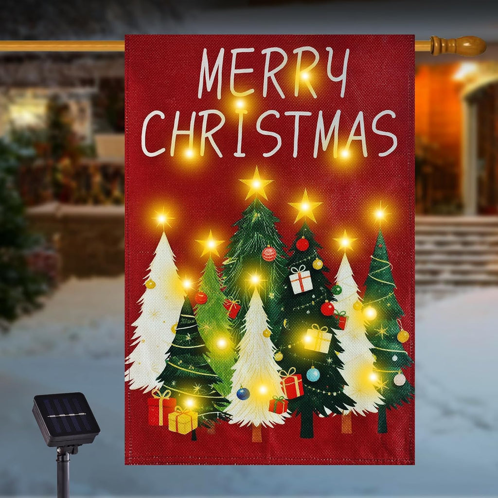 Lighted Christmas Garden Flag for Outside, Xmas Tree, 28x40 Inch
