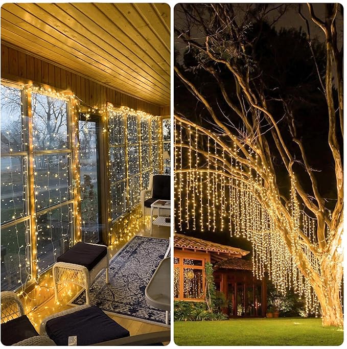 JMEXSUSS 900 LED Outdoor Christmas Curtain Lights, 9.5x29.5ft Christmas Lights Plug in with Remote, Twinkle Hanging String Light for Bedroom Wall Wedding Backdrop Window Gazebo Decor, Warm White