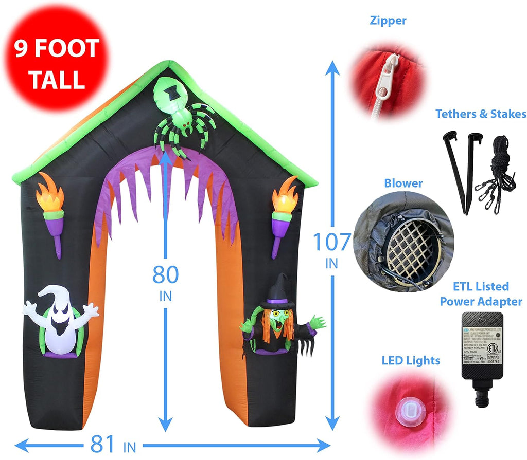 9 ft tall led lighted halloween inflatable castle shown in use