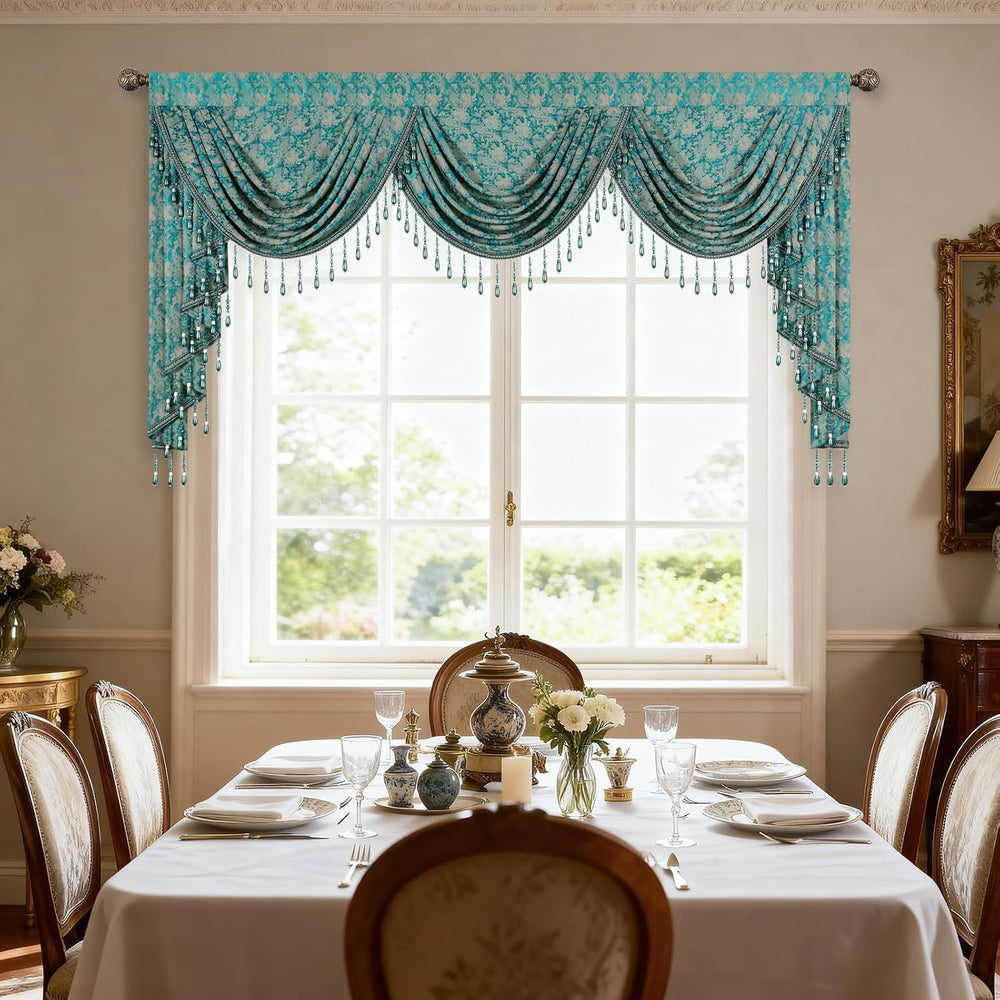 Victorian Damask Jacquard Waterfall Valance, 79 x 43, Teal Blue