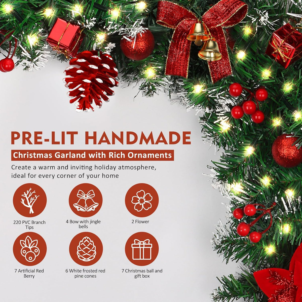 DOIOWN Christmas Garland with Lights,9Ft Prelit Christmas Garland for Mantle,100 LED Christmas Decorations Garland with Berries,Bows,Pine Cones,Flowers for Stairs Indoor Outdoor Decor Battery Operated