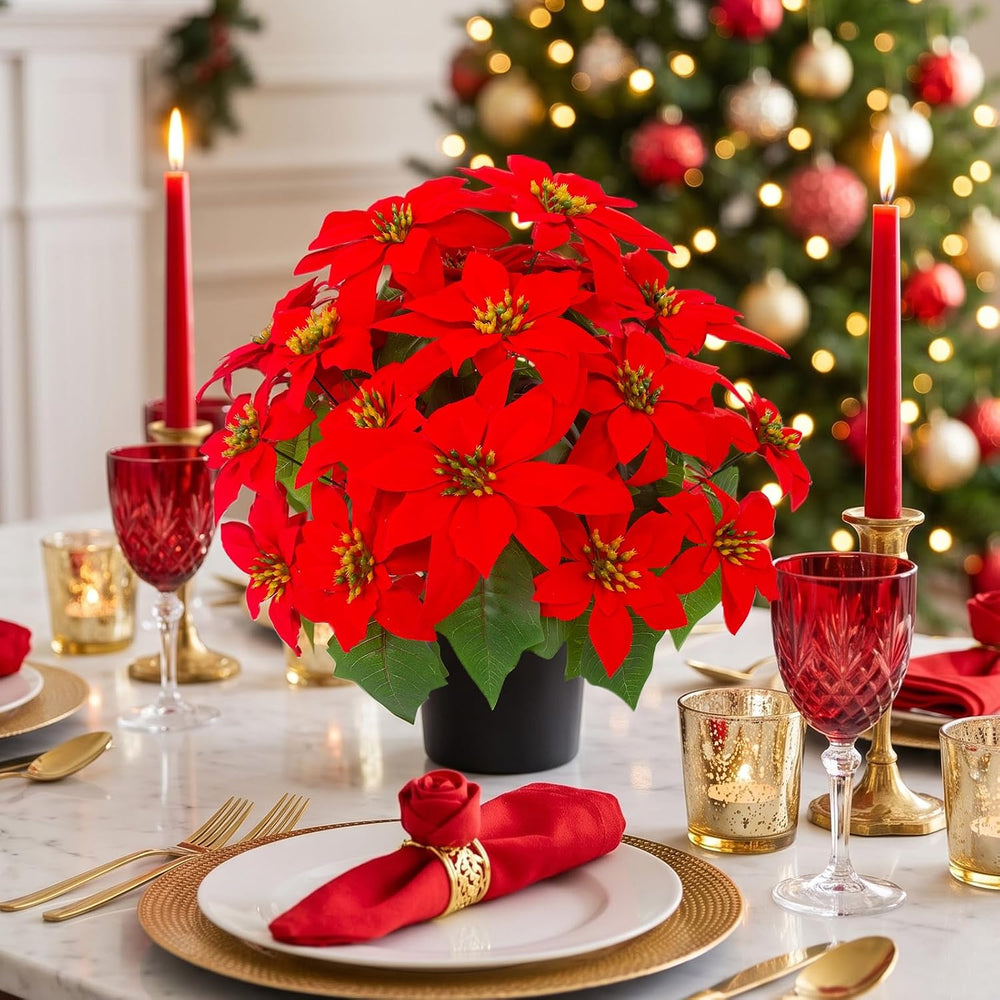 Daynight 2Pcs Artificial Poinsettias with Pots Christmas Flowers, 17.7"