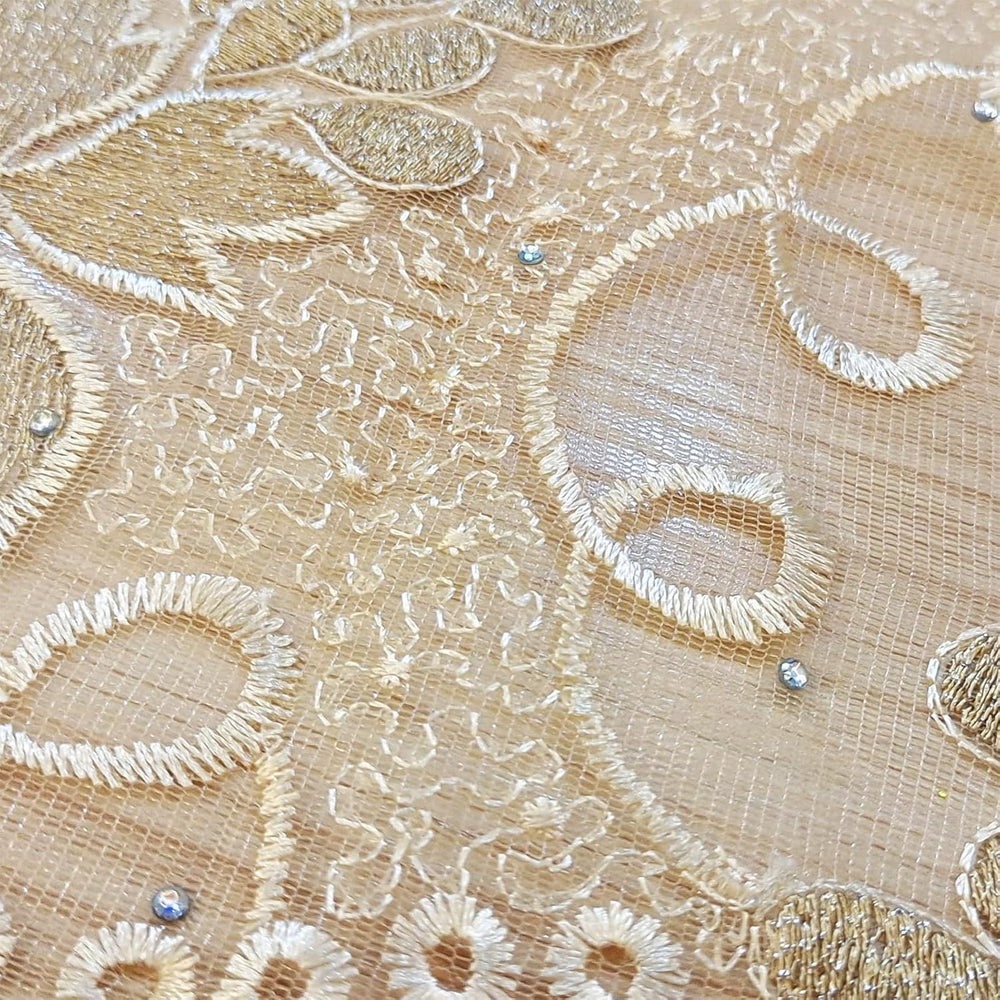 Bestway African Lace Fabric 5 Yards Beige Rhinestones Embroidery French Tulle...