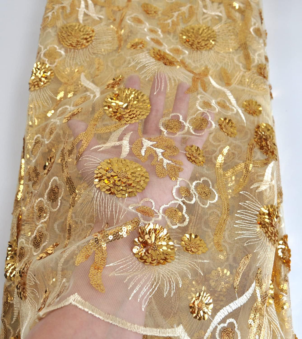 African Lace Fabric 5 Yards Sequins Embroidery for Party Dress (Gold)