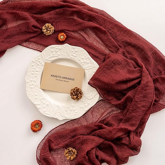6pcs Burgundy Cheesecloth Table Runner Gauze 120 Inch 10 FT Rustic Boho Cheese Cloth Runner for Wedding Baby Shower Bridal Shower Engagement Birthday Party Long Sheer Home Decorations