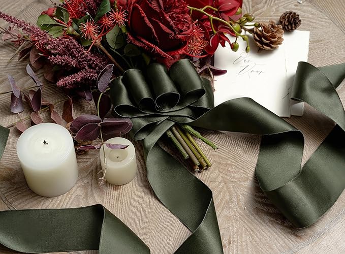Moss Green Satin Ribbon Double-Faced Wired Ribbons for Gift Wrapping Flower Bouquet Bows Wedding Invitation Christmas Decor Crafts 2-1/2 Inch 10 Yards