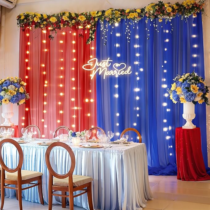 10×10ft Royal Blue Red Tulle Backdrop Curtain with Lights String for Parties, Sheer Photo Backdrop Curtains for Wedding Party Photography Background