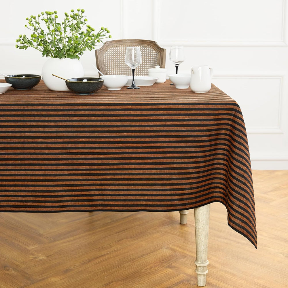 Solino Home 100% Linen Tablecloth, 60 x 90 in, Pumpkin and Black Striped