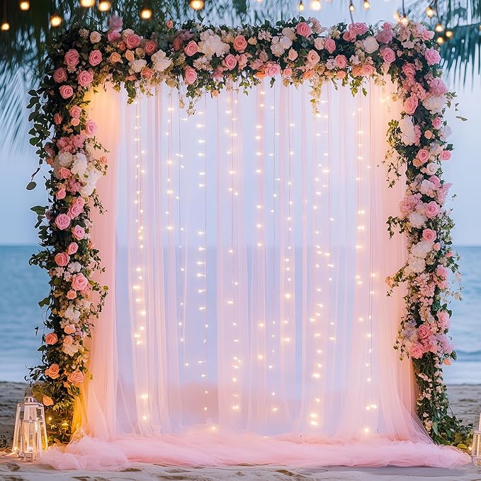 Fomcet Pink Tulle Backdrop Curtains with Lights String 10FT X 10FT Sheer Curtain with Lights Tulle Curtains Backdrop for Wedding Birthday Party Photo Shoot (2 Panels 5x10FT)