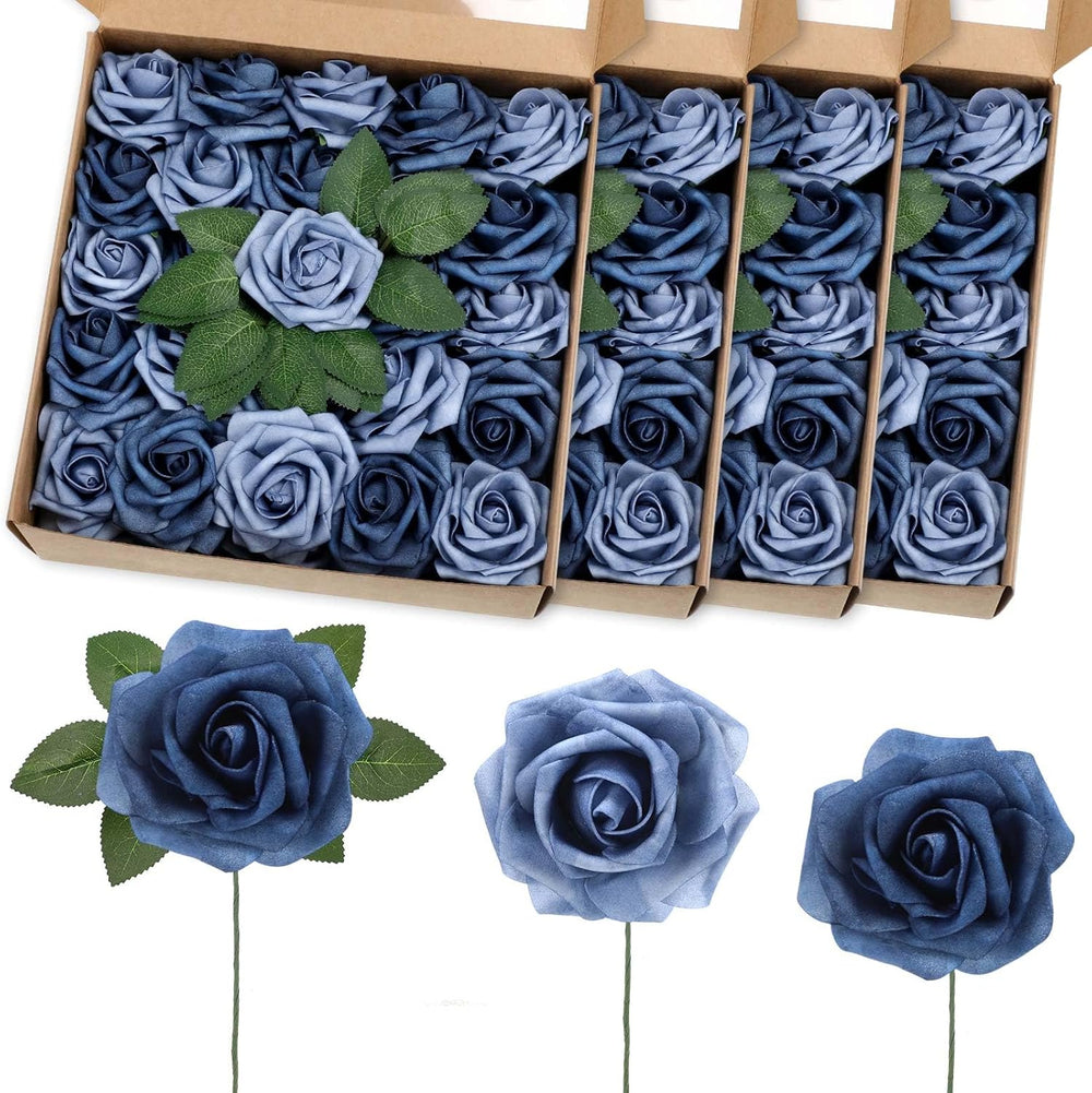 100 Pcs Artificial Rose Flowers, Dusty Blue Shades