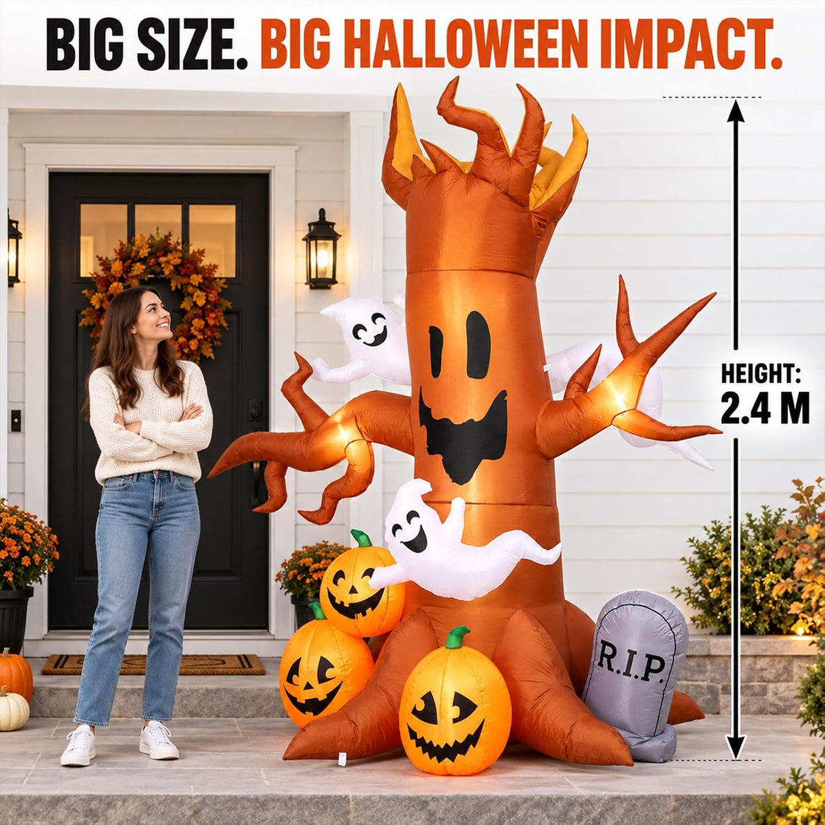 8ft halloween inflatable ghost tree decoration with pumpkins on a desk or shelf