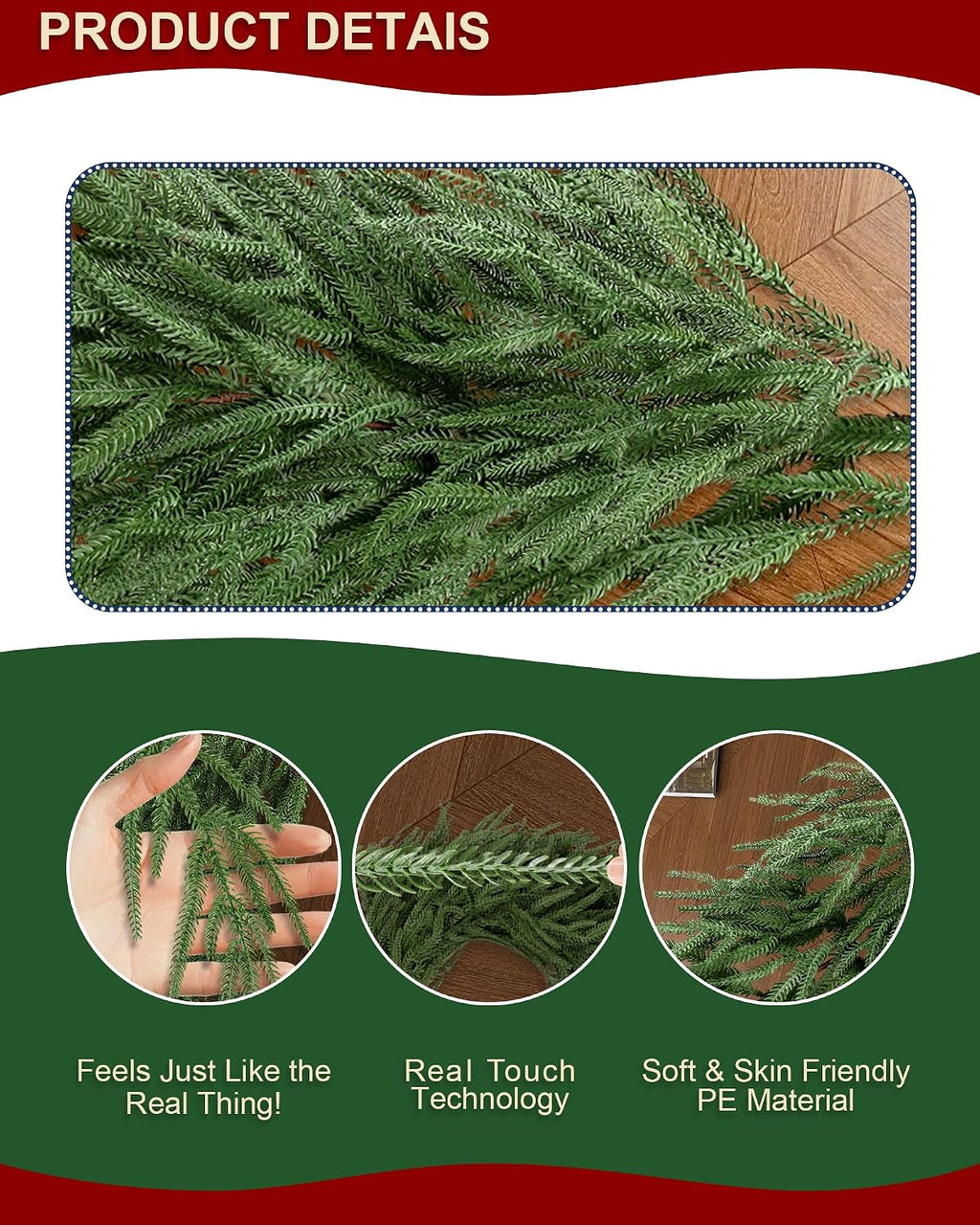 Norfolk Pine Artificial Christmas Garland, Unlit Greenery, 12 FT (6FT*2)