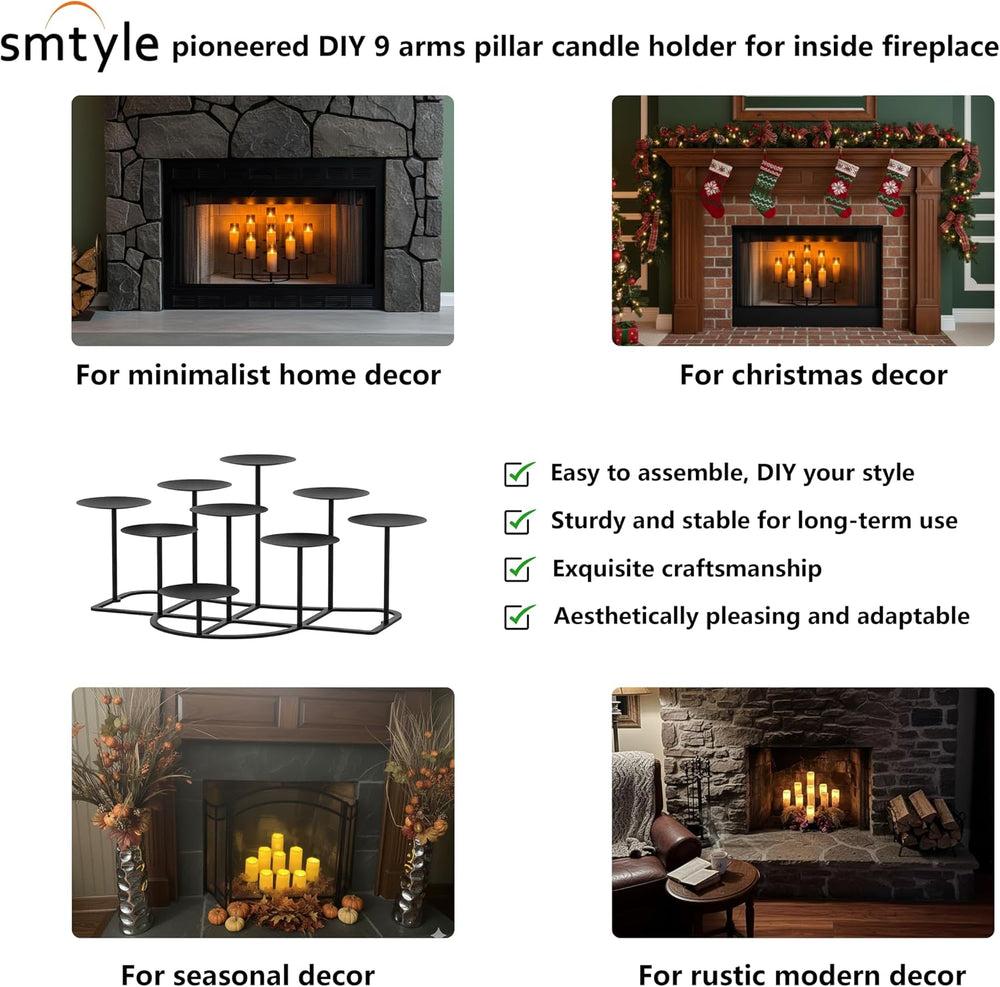 Smtyle Black Fireplace Candelabra, 9 Candle Holders for Pillar Candles