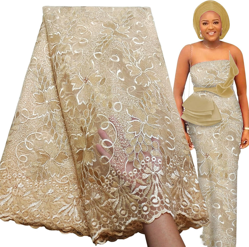 Bestway African Lace Fabric 5 Yards Beige Rhinestones Embroidery French Tulle...