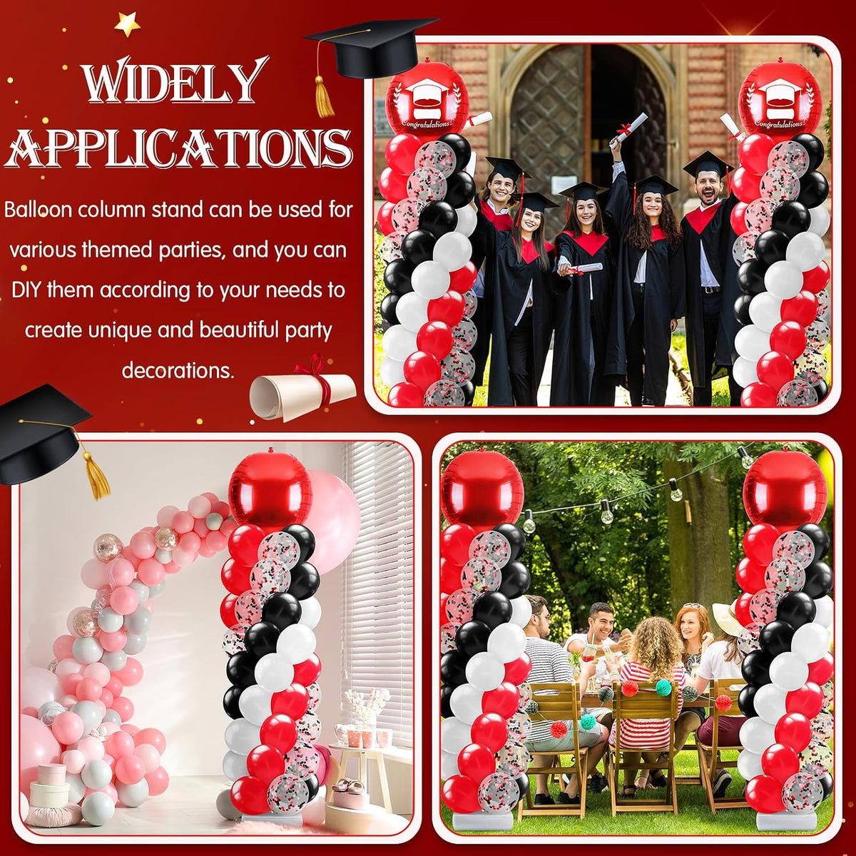2 Sets Red Black and White Balloon Column Stand Kit, Adjustable Floor Balloon Arch Tower with Foil & Latex Balloons, DIY Decor for Birthday Ceremony Backdrop