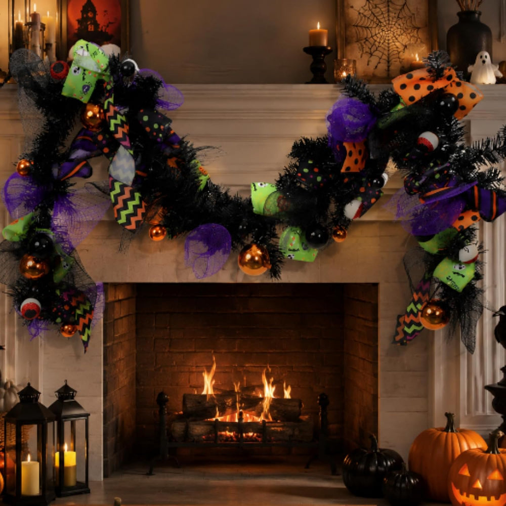 WinnerWhy Halloween Garland for Mantle with Mixed Ball Mesh Ribbon 6ft