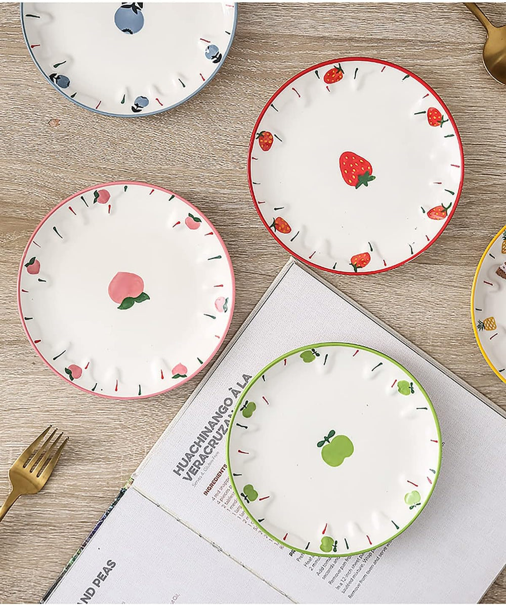 Set of 6 Ceramic Dessert, Cake, Appetizer & Snack Plates - 6 Inch Fruit P...
