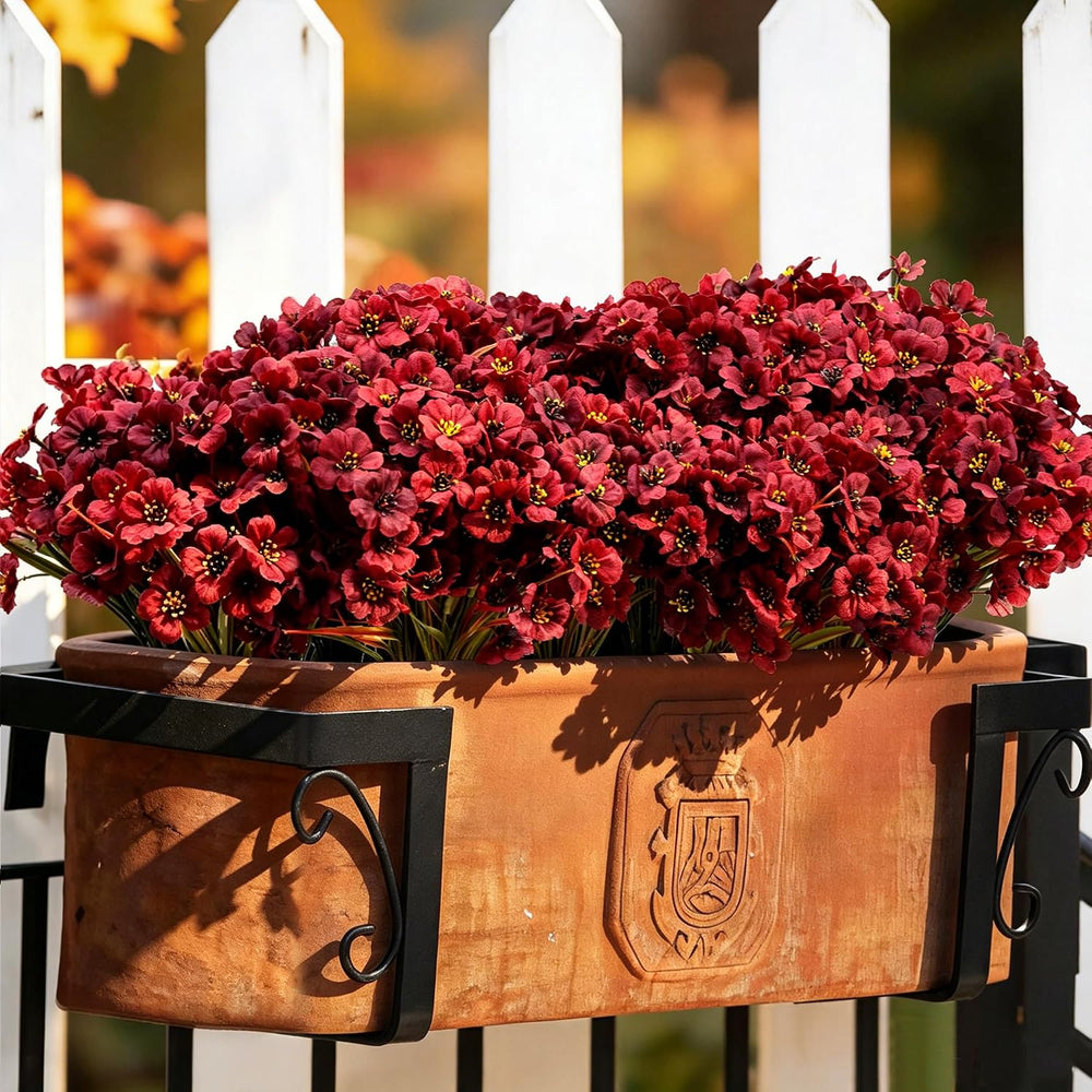 24PCS Burgundy Artificial Flowers for Outdoors Faux Mums Plant