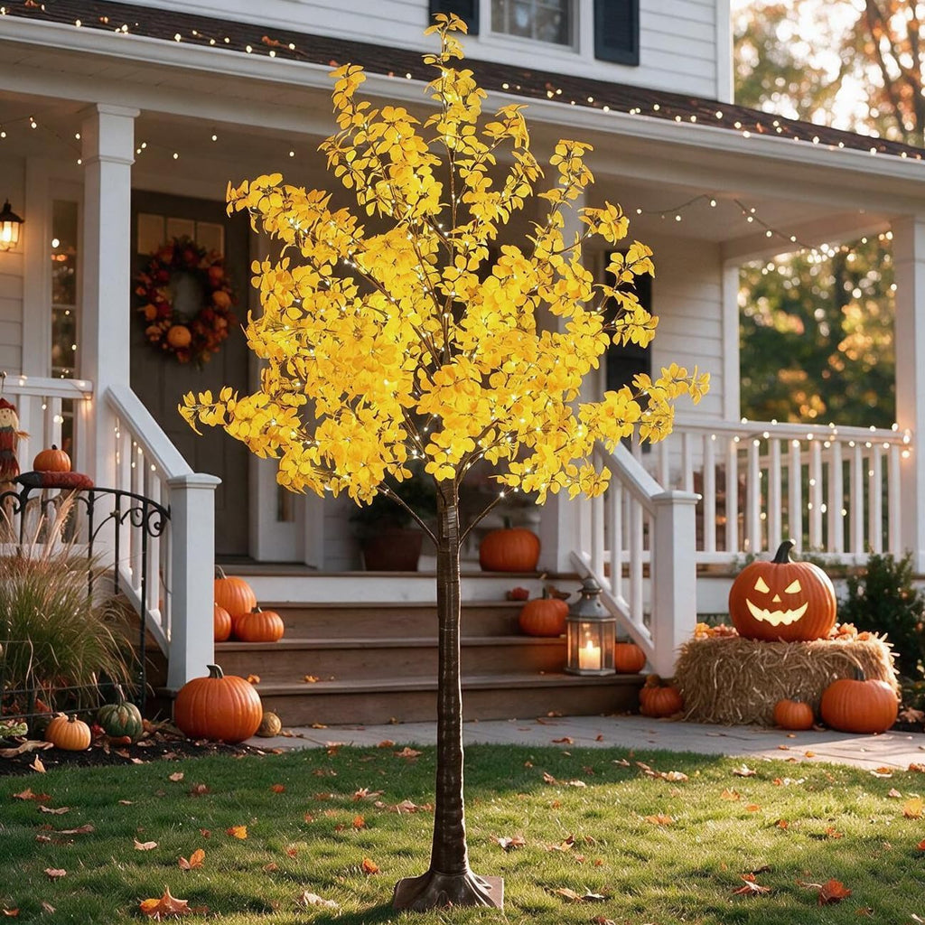 TYBEEU 6FT 5-Leaf Lucky Tree with 300 Warm White LEDs (Yellow Leaves)