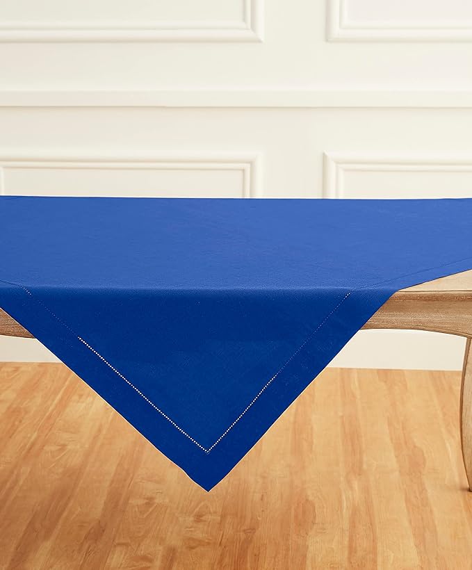 Solino Home Linen Square Tablecloth 52 x 52 Inch - 100% Pure Linen Royal Blue Table Throw - Classic Hemstitch, Machine Washable Table Cloth