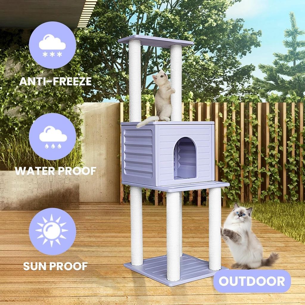 61in Weatherproof Large Cat Condo with Scratch Post for Indoor&Outdoor Cats