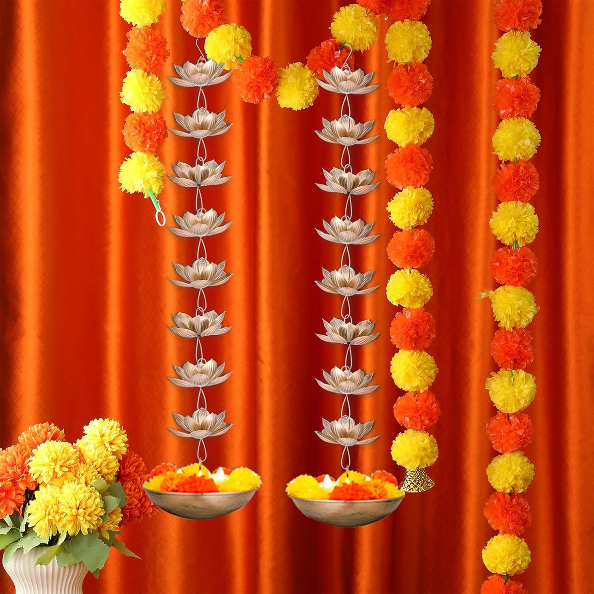 LemonRoad 2 Set Diwali Hanging Urli Bowl Metal Lotus Floating Diya Pot for Flowers & Decor Wall Hanging Uruli Candle Holder for Mandir, Diwali Gift, Indian Traditional Festival Decoration