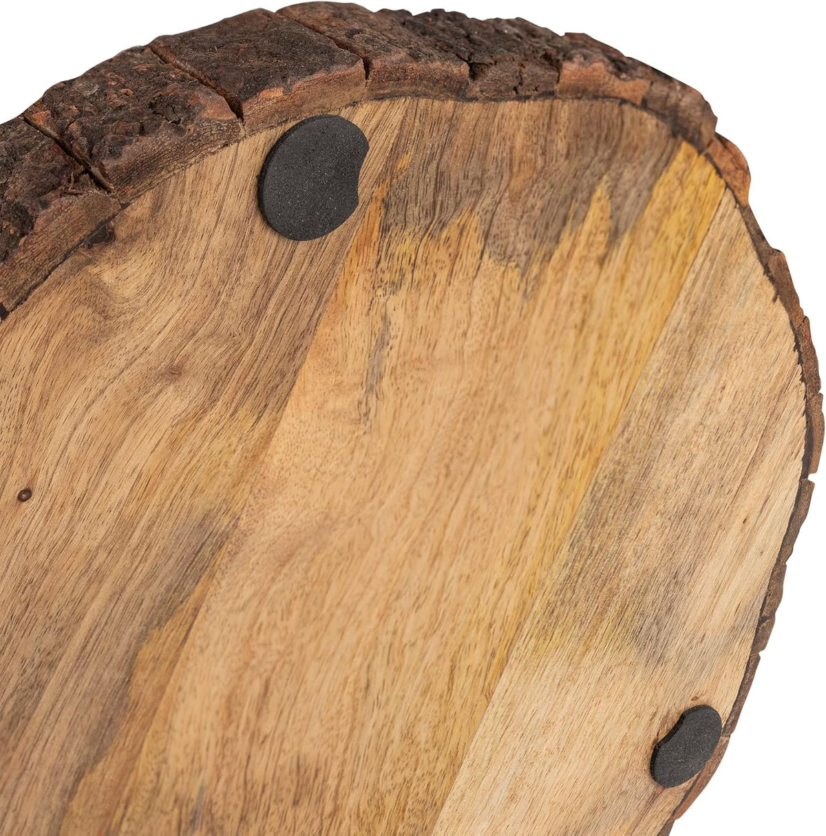 gocraft wooden round cutting board with tree bark, side view