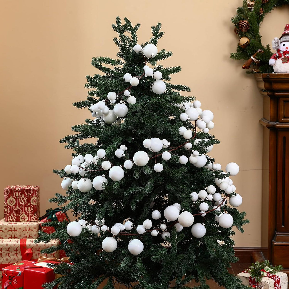 6 ft christmas ball ornament garland, white, close-up detail