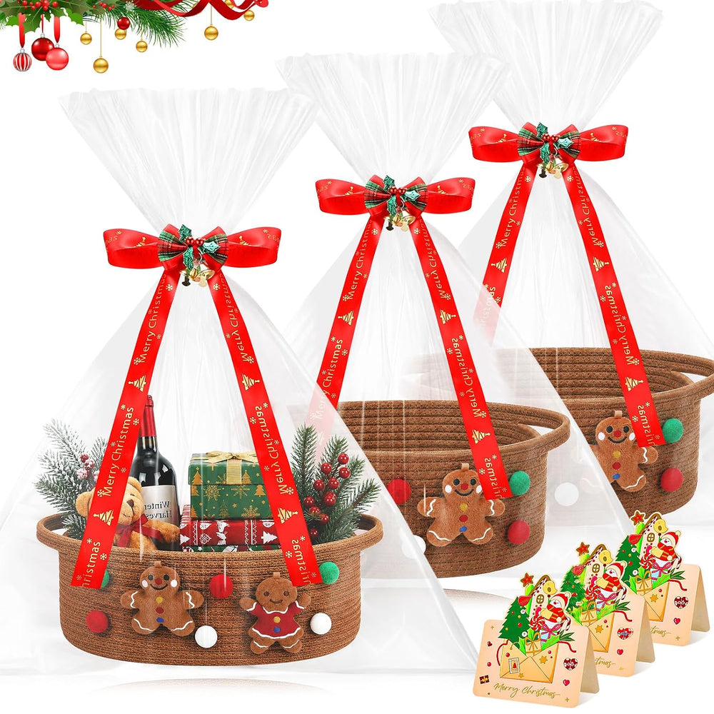 3 Set Christmas Woven Gift Basket Empty with Gift Bag, Gingerbread Man