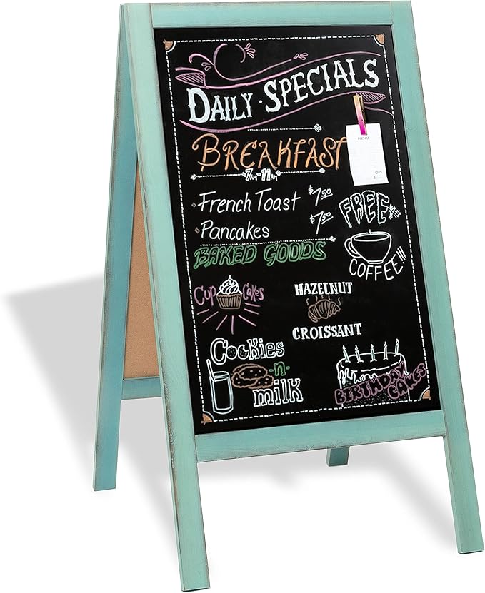 Ilyapa Wooden A-Frame Sign with Eraser & Chalk - 40 x 20 in Magnetic Sidewalk Chalkboard – Turquoise Menu Display for Restaurant, Business Or Wedding