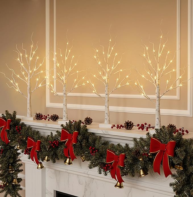 EAMBRITE Home Decorations Light Up White Birch Tree Indoor Christmas Decor, 4 Pack Battery Operated/USB Lighted Tabletop Money Tree Lamp Led Lights Easter Wedding Centerpiece Table Room (2 Ft)