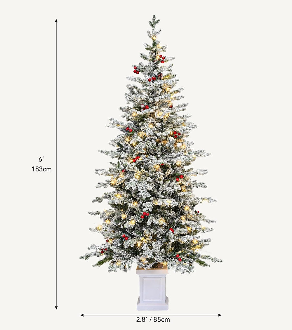 DWVO 6ft Prelit Pencil Flocked Christmas Tree in Pot with LED Lights