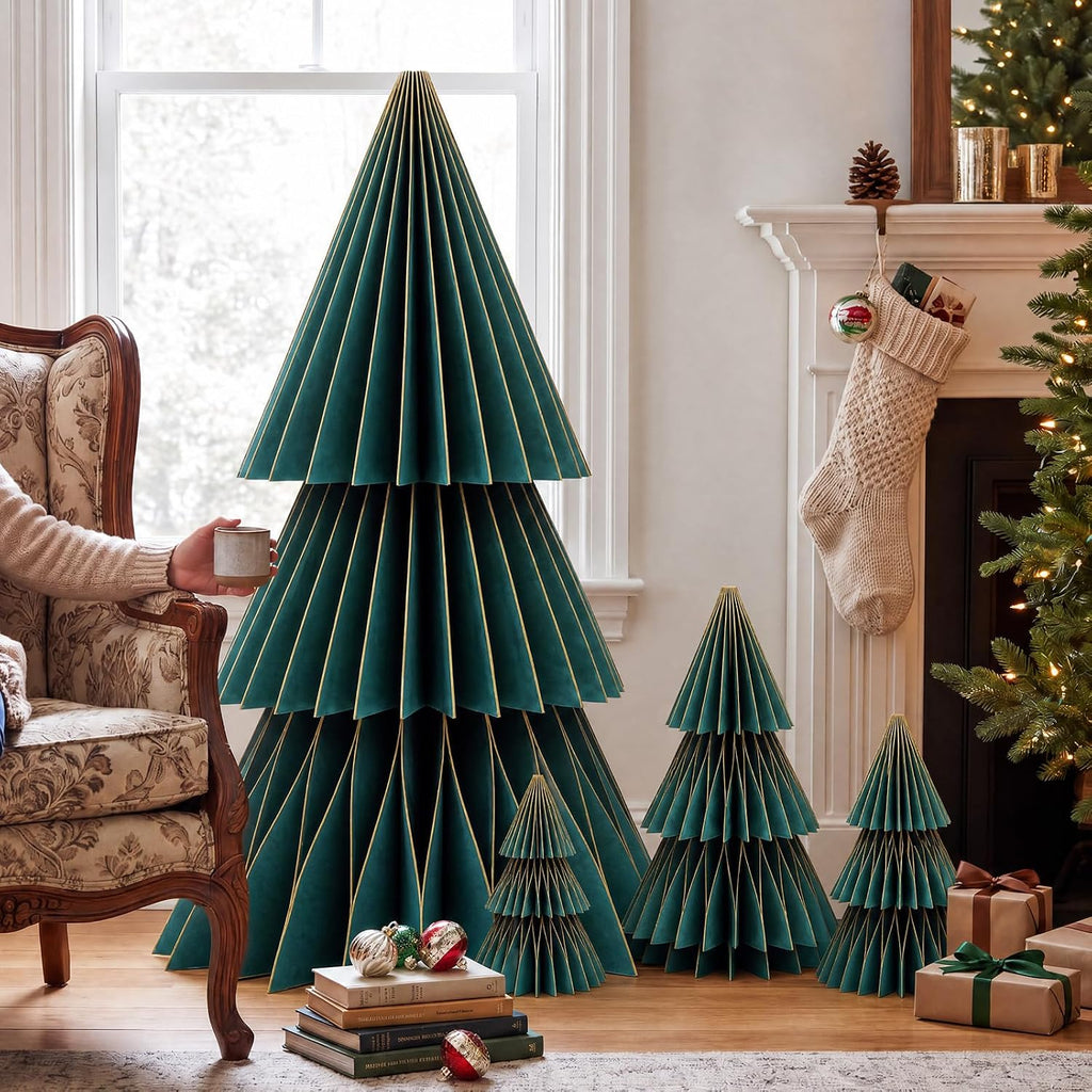 GlikCeil 4 Set Large Honeycomb Paper Christmas Tree Tall, Green