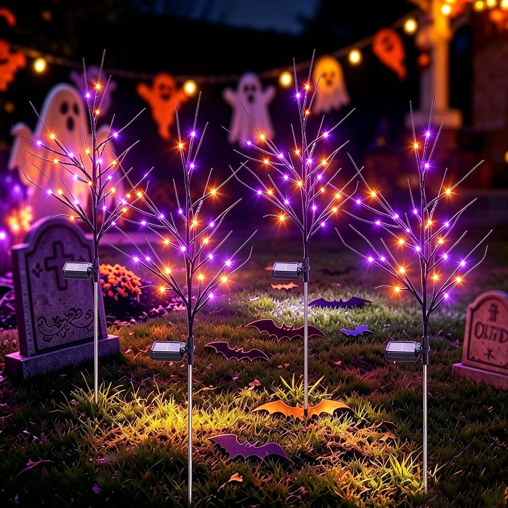 Solar Halloween Black Birch Tree Lights Orange Purple Outdoor Decor 4 Pack