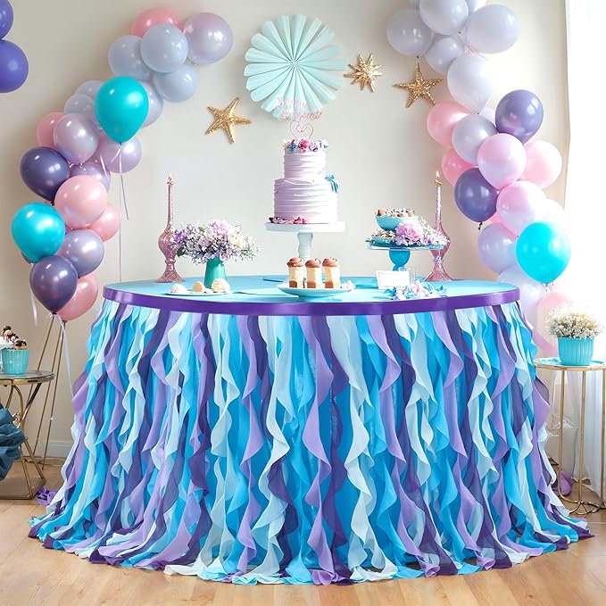 PARTISKY Mermaid Tulle Tutu Ruffle Curly Willow Table Skirt for Rectangle Table 9ft, Mermaid Themed Party Table Cloth for Girls Birthday Party or Baby Shower