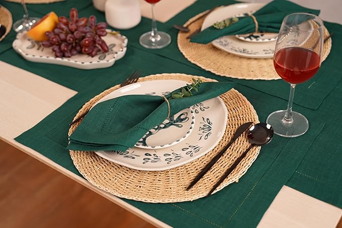 100% Pure Linen Green Table Runner 14 x 36 Inch - Small Hemstitch Christmas Table Runner - Cloth Fabric Runner for Thanksgiving, Winter, New Year - Elara