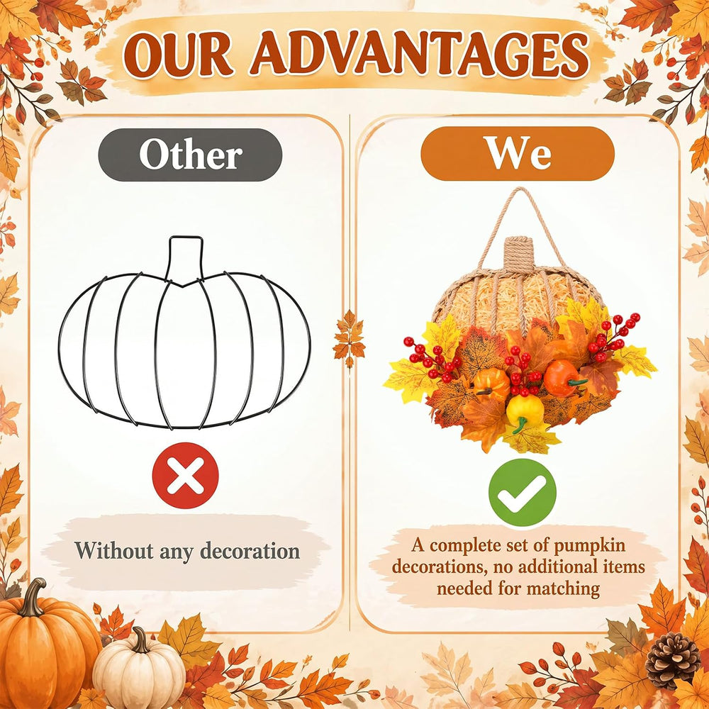 13 Inch Fall Pumpkin Wreath for Front Door, Artificial Pumpkin Maple Leaves