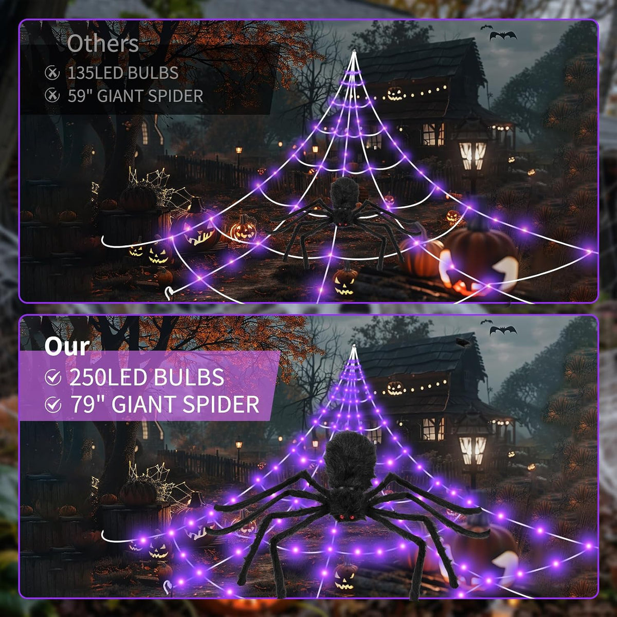 Spider Webs Halloween Decorations Outdoor Lights, 250 LED 16.4ft Halloween Spider Web Lights with 6.5ft Giant Spider,8 Modes, Waterproof Outdoor Decoration Indoor Party Garden Home Costumes