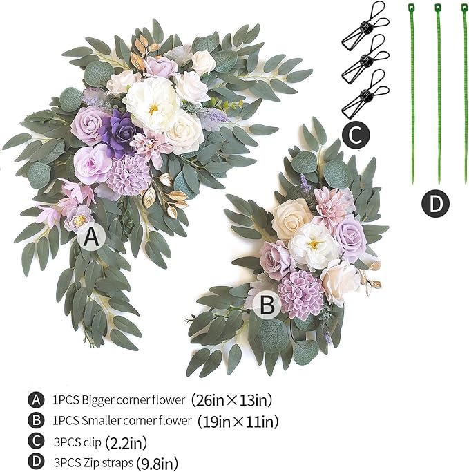 Faux Flower Swag Set of 2 for Wedding Welcome Signs Floral Swag Wedding Reception Ceremony Signs Decor (Purple)