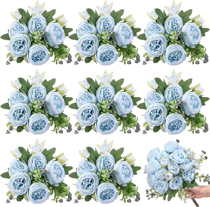 8 Bundles Artificial Peonies Flowers Boho Faux Flowers Arrangements Artificial Centerpiece Spring Bouquet Floral Wedding Decoration for Vase(Blue)